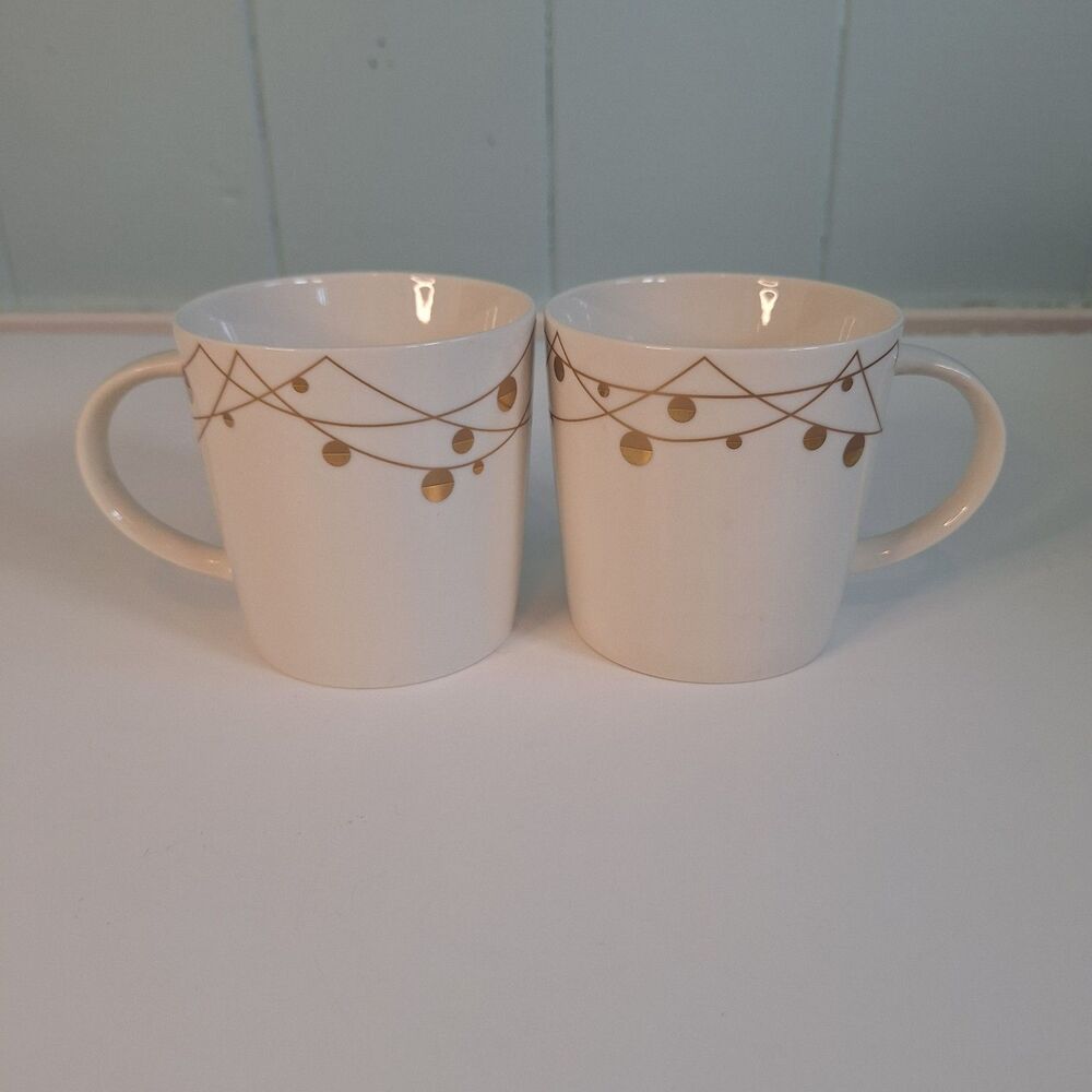 2 Starbucks Coffee Mug String of Lights 14oz. Gold Christmas Ornament Cup 2012